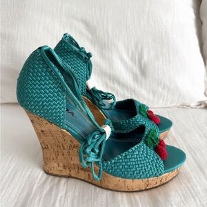 SODA teal w cherries espadrille cork wedge sandals